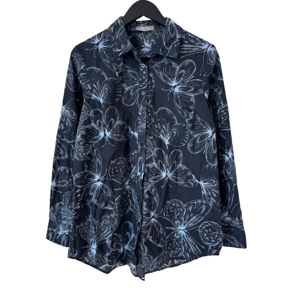 Lela Rose Butterfly Print Cotton Long Sleeve Shirt 8 Navy Blue - Picture 1 of 8